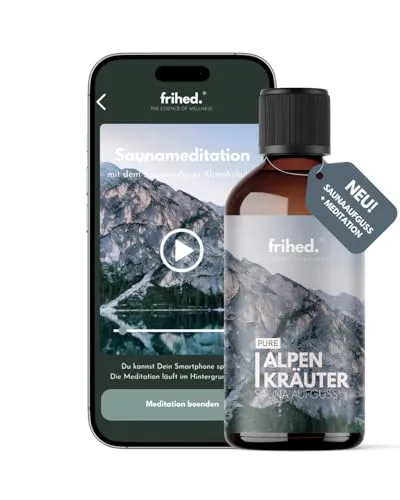 frihed.® Saunaaufguss Alpenkräuter mit App Meditation - Hochkonzentriertes Kräuter-Öl - tiefenwirksam - Langanhaltender Duft - Made in Lüneburg