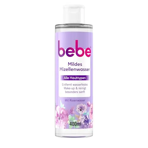 bebe Mildes Mizellenwasser 400 ml, besonders sanftes Gesichtswasser und milder Augen Make-up Entferner mit Rosenwasser für alle Hauttypen, effektives Mizellen Reinigungswasser mit Mizellentechnologie