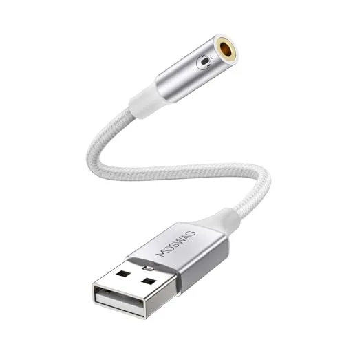 MOSWAG USB auf 3,5 mm Klinke Audio Adapter, Externe USB A Soundkarte auf 3,5 mm Aux Stereo Konverter Adapter,kompatibel mit Kopfhörer, PC, Laptop, Linux, Desktop, PS4 (Hinweis: Nicht für TV)