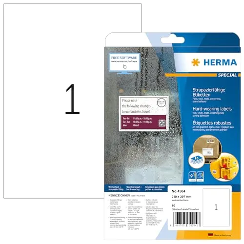 HERMA 4584 Wetterfeste Folienetiketten, 320 Blatt, 210 x 297 mm, 1 pro A4 Bogen, 320 Stück, selbstklebend, bedruckbar, matt, blanko Klebeetiketten Aufkleber aus Folie, weiß