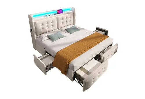 REDOM Polsterbett Doppelbett (Stauraumbetten mit Lattenrost, 1-tlg., 160x200cm, ohne Matratze), mit Led-Kopfteil und USB C Ladefunktion und 4 Schubladen