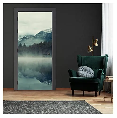 Türtapete Berge See Landschaft - 91x211 cm einteilig inkl. kleister - Türposter Vlies Fototapete für Tür Wohnzimmer Küche Badezimmer Türaufkleber Türfolie UV-Beständig Montagefertig