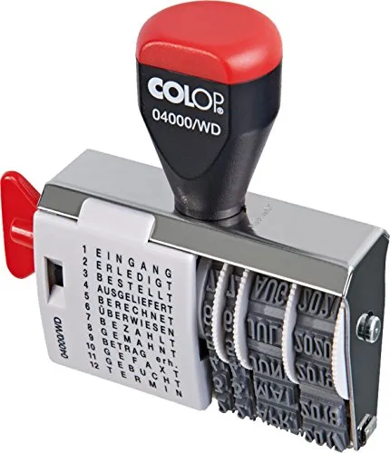 COLOP 04000 WD Wortband-Datumstempel, Datum deutsch, Wortband beinhaltet Wörter wie Eingang, Erledigt, Bezahlt, Gebucht, etc.