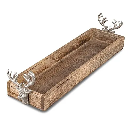 Formano Deko Tablett Elch aus Mango-Holz mit Alu-Griffen, 48 cm, Natur-Silber