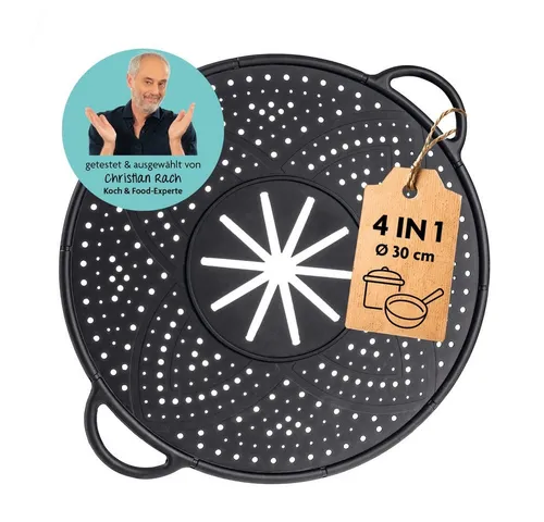 Rachs KOCHWERK Silikon Überkoch- und Spritzschutz - Küchenmaschinen-Deckel mit 4-in-1-Funktion: Abgießhilfe, Dampfgarer, hitzebeständiger Untersetzer und Spritzschutz für ein sauberes Kocherlebnis.