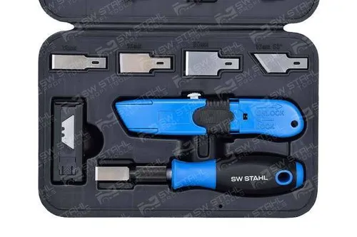 SW-Stahl 94860L Schaber- und Messersatz 27 teilig - Vielseitiger Schaber- und Messersatz für effektives Entfernen von Kleberesten auf Glas, Keramik und Ceran, inkl. 5 Klingen und Universalmesser für präzise Anwendungen.