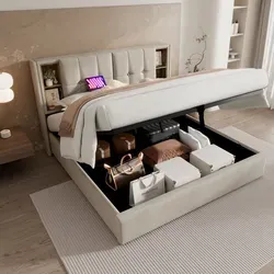 STILVORA Polsterbett 140x200cm Stauraumbett mit USB-Ladeanschluss und LED-Beleuchtung,Doppelbett mit Bettkasten Stauraum,Naturbelassen(Ohne Matratze) - Naturbelassen