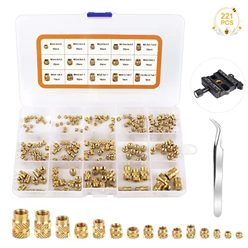 Ruicaifu 221 Stück Gewindeeinsatz M2 M2.5 M3 M4 M5 M6 Einpressmutter Messing Innengewinde Rändelmuttern Gerändeltes Gewindeeinsatz für Kunststoffteile durch Wärme oder Ultraschall in 3D-Drucker Teile