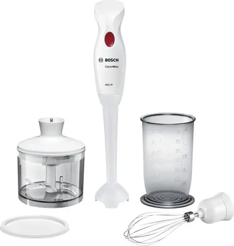 Bosch MSM14500 Stabmixer - Leistungsstarker Pürierstab in Weiß - Stabmixer mit 400 W Leistung, 4-Klingen-Messer und praktischem Zubehör. Ideal für einfache Zubereitung von Smoothies und Suppen, leicht zu reinigen und spülmaschinenfest.