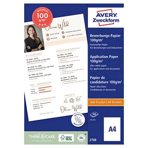 Avery Zweckform Bewerbungspapier A4 - Beidseitig satinierte 100 g/m², 200 Blatt für hochwertige Druckergebnisse und professionelle Dokumente