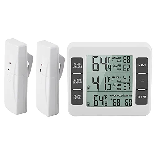 Kühlschrank Kühlschrank Digital Thermometer, Wireless Digital Akustischer Alarm Kühlschrank Thermometer mit 2PCS Sensor Min / Maximal Display