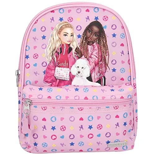 Depesche 11008 TOPModel Bling Bling-Kleiner Rucksack in Rosa mit Pudel-Motiv, Icon-Muster im Hintergrund, mit großem Hauptfach, Einer Vordertasche und pinkem Anhänger am Reißverschluss, Mehrfarbig
