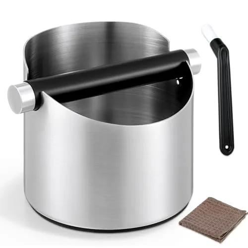 ISHEWUDU Kaffeeklopfbox mit Bürste, Kaffeesatzeimer aus Edelstahl – Kleine Espresso-Klopfbox, rutschfester Boden, Kaffeeabfallbehälter mit großer Kapazität, abnehmbarer Klopfstange, Kaffeezubehör 