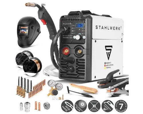 STAHLWERK 5 in 1 Schweißgerät MIG MAG 160 M IGBT - Vielseitiges Schweißgerät für MIG/MAG, FLUX, Lift-TIG und MMA bis 160 A. Mit vollsynergischer Steuerung, Smartkühlung und 7-Jahre-Garantie – ideal für Einsteiger und Profis.