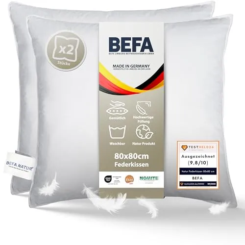 BEFA NATUR Federkissen 80x80 cm extra fest (2 Stück) | Kopfkissen Set 100% Federn | 3000g Füllgewicht/Stück | Allergiker (NOMITE) | Tierwohl (DOWNPASS) | Oeko-TEX Klasse 1 | Made in Germany