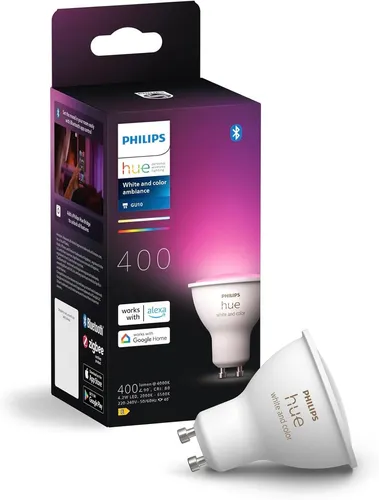 Philips Hue White and Color Ambiance GU10 LED-Spot - LED-Lampe mit 16 Millionen Farben, dimmbar und kompatibel mit Smart-Home-Systemen. Perfekte Beleuchtung für jede Stimmung und lange Lebensdauer von bis zu 25.000 Stunden.
