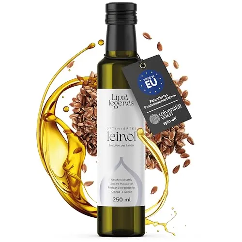 LIPID LEGENDS Optimiertes Bio-Leinöl 250ml Uni Wien Patent [Antioxidantien, haltbar, aromatisch, vegan, Omega 3] kaltgepresst I Erwachsene & Kinder I gesunde Ernährung I Cholesterin I Herz & Hirn