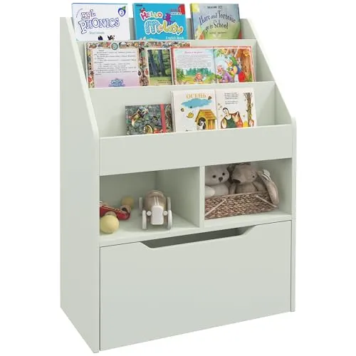 HOMCOM Kinder Bücherregal mit Schublade - Kinderzimmerregal mit 3 Ablagefächern und 2 offenen Fächern, bietet viel Stauraum für Bücher und Spielzeug, sicher durch Kippsicherung und kinderfreundliches Design.