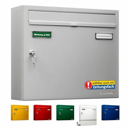 AL Briefkastensysteme Briefkasten weiß RAL 9006 Basic - Wandbriefkasten DIN A4, wetterfest mit Lebenslang-Garantie gegen Durchrostung, inklusive 2 Namensschildern und Posthaltebügel für optimale Nutzung.