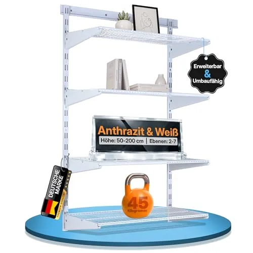 BOOMET Wandregal Metall Weiß mit Drahtboden - Flexibles Regalsystem für Ordnung - Modulares Regalsystem mit 28 Varianten für individuelle Lagerlösungen - ideal für Ankleide, Vorratsraum oder Werkstatt. Stabiler Drahtboden, belastbar bis 45kg, sorgt für Übersicht und Stil. Maße: 200x60x30cm.