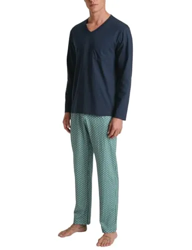 CALIDA Relax Imprint Pyjama, lang Herren, aus 100% Baumwolle, Hose mit stoffbezogenem Gummibund