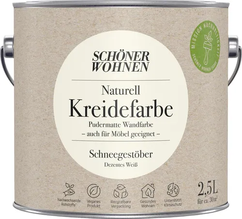 Schöner Wohnen Kreidefarbe Schneegestöber, 2,5L - Dezentes Weiß - Farben für kreative Projekte, mit einem Verbrauch von nur 80–125 ml/m² je Anstrich für ein mattes Finish.