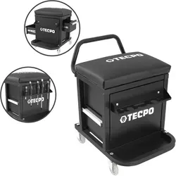 TECPO Werkstatthocker Rollhocker mit 150kg Tragkraft - Rollenständer mit stabiler Stahlkonstruktion, höhenverstellbar und ideal für Mechaniker. Integrierte Schubladen und Ablagefächer bieten praktischen Stauraum.