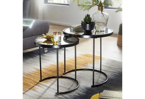 FineBuy Design Beistelltisch Set - 2 teilig Rund Schwarz mit Spiegelglas - Satztische fürs Wohnzimmer, elegantes Design mit verspiegelter Glasplatte für eine stilvolle Einrichtung und platzsparendes Verstauen.