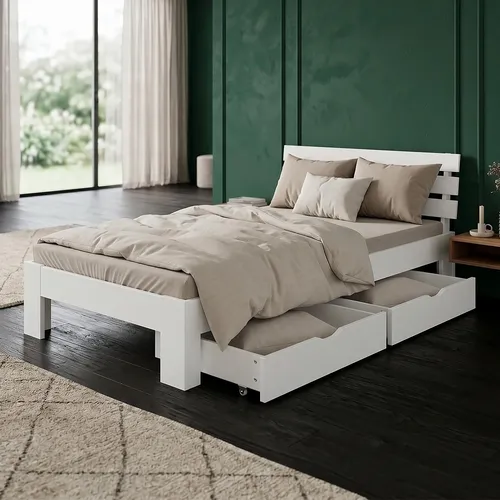 Homestyle4u Holzbett 90x200 mit Schubladen und Matratze