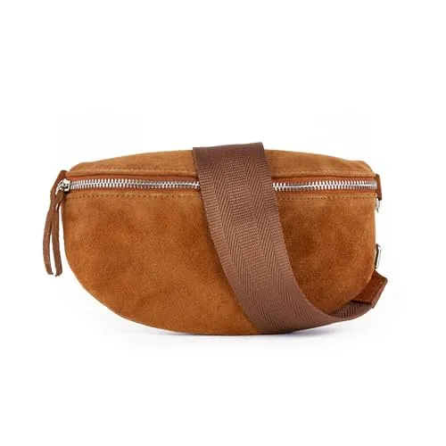 lePelou Bauchtasche VALENTINA IN COGNAC MIT WECHSELGURT,Umhängetasche aus Wildleder (zwischen 4 Größen wählbar, 1 Tasche & 2 Gurte), echt Leder, Made in Italy braun M 25*16*8