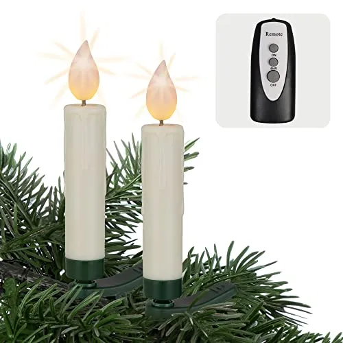 hellum LED Weihnachtsbaumkerzen kabellos, 12x warmweiß LED Kerzen mit Fernbedienung + Timer, batteriebetriebene 10x1,5cm Christbaumkerzen ohne Kabel, dimmbar mit Flackermodus, Wachstropfen 524796