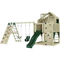 OutdoorToys Spielturm - Hochwertiger Spielturm aus robustem Holz in Dunkelgrün, ideal für Kinder ab 3 Jahren, bietet Spielspaß und Sicherheit im eigenen Garten.