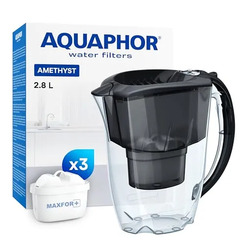 AQUAPHOR Amethyst Wasserfilter 2,8 l schwarz - Wasserfilter mit 2,8 l Kapazität, inkl. 3 MAXFOR+ B25 Filterkartuschen für reines Trinkwasser, ideal für gesundheitsbewusste Haushalte.