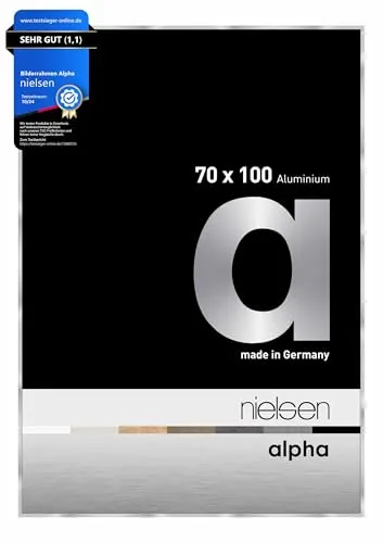 nielsen Aluminium Bilderrahmen Alpha 70x100 cm Silber - Moderner Bilderrahmen aus Aluminium mit schmalem Profil von 7,8 mm, hoher Formstabilität und ideal für Hoch- und Querformate. Hergestellt in Deutschland mit kantengeschliffenem Floatglas.