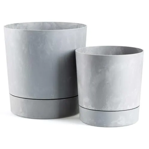 HowHomely Blumentopf mit Untersetzer 2er Set | Wetterfest Blumenübertopf 17,5xh18,4 cm und 22,5xh23,6 cm | Langlebige und Leichte Übertopf in Grau Betonoptik für Deko Wohnzimmer Garten oder Terrasse