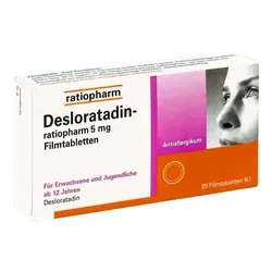 Desloratadin ratiopharm 5 mg Filmtabletten - Antiallergisches Arzneimittel, das nicht schläfrig macht und bei Heuschnupfen sowie Urtikaria hilft. Ideal für Erwachsene und Jugendliche ab 12 Jahren zur symptomatischen Linderung.