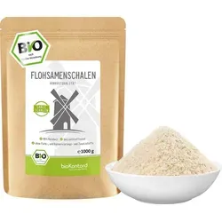 Flohsamenschalen ganz 1000 g – 99% Reinheit von bioKontor - Sonstige Grundnahrungsmittel mit exzellentem Quellvermögen, ideal für Low Carb und in Rohkostqualität. Abgefüllt in Deutschland, 88% Ballaststoffe, ohne Zusatzstoffe.