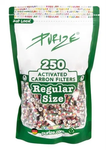 PURIZE® 250er Aktivkohlefilter 9mm Regular Size - Zigarettenpapier mit 250 Stück im wiederverschließbaren Beutel – ideal für Genießer. Aktivkohle aus Kokosnussschalen sorgt für ein reines, smoothes Raucherlebnis und ist umweltfreundlich.