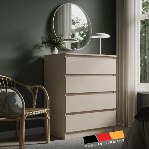 Kommode 76cm breit mit 4 Schubladen Kommode Kaschmir schmal Holz Schrank mit Schubladen Sideboard Highboard Anrichte Schlafzimmer Wohnzimmer Flur Büro Organizer Breite 76 cm Höhe 87 cm