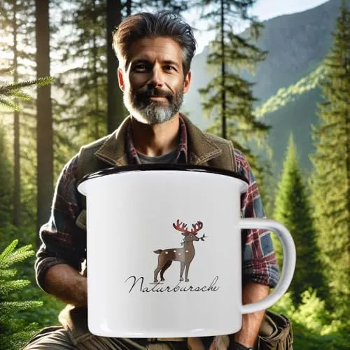 KAMACA Emaille Becher mit Spruch leichte und robuste Tasse 450 ml für Abenteuer Alltag Camping Outdoor Wandern Trekking Campen Kaffeetasse Kaffeebecher (Emaille Tasse Naturbursche)