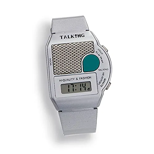 Sprechende Armbanduhr mit Weckfunktion, Repetition und Stundensignal, Quarzwerk, aus Kunststoff (Silber)