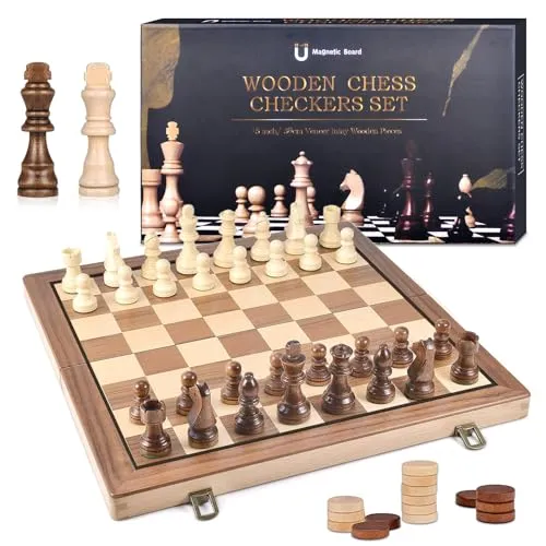 DYDHRER 39 x 39cm Schachspiel, 2 in 1 Schachbrett Holz Hochwertig, Tragbare Schach, Chess Board Klappbar, Reiseschach Schachspiel Kinder, Schachspie Magnetisch Set für Party Familie Aktivitäten