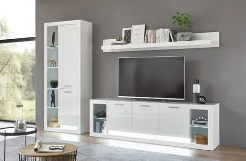 Lomadox Wohnwand MAILAND-61 - Moderne Wohnwand in Hochglanz weiß mit LED-Beleuchtung, ideal für stilvolle Wohnzimmergestaltung. Flexibel kombinierbar mit Vitrinen und Lowboards für individuellen Raumstil.
