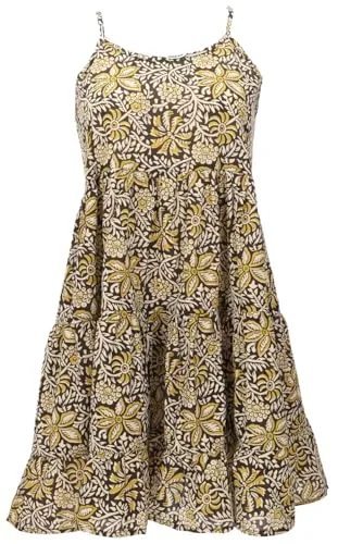 GURU SHOP Boho Minikleid - Braun/Mosterd, verstellbare Träger, Damen, Größe M - Luftiges Boho-Minikleid aus Baumwolle mit verstellbaren Trägern. Der gesmokte Rücken sorgt für eine perfekte Passform, während der weite Rock jede Bewegung umspielt. Ideal für warme Sommertage.