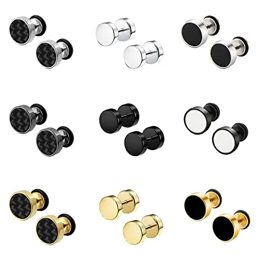 Bo Win 9 Paare Titan Edelstahl Männer Ohrstecker für Herren Damen, Ohrringe Herren Schwarz, Silber , Ohrstecker Kohlefaser Ohrringe Gold , Stecker Piercing Plug