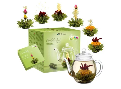 Creano Teeblumen Geschenkset - Fruchtiger Erblühtee mit Glaskanne - Tee-Geschenkideen mit 6 aromatisierten Teerosen und einer hitzebeständigen Glaskanne. Ideal für Teeliebhaber und als Geschenk für jeden Anlass!