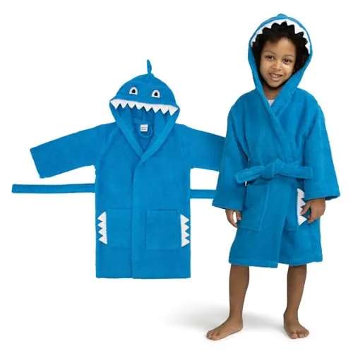 Celodoro Kinder Bademantel mit Kapuze & Motiv für Mädchen & Jungen - Shark 110-116