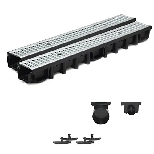 2m Entwässerungsrinne Terrassenrinne Stahlrost verzinkt komplett SET, System A15 98mm