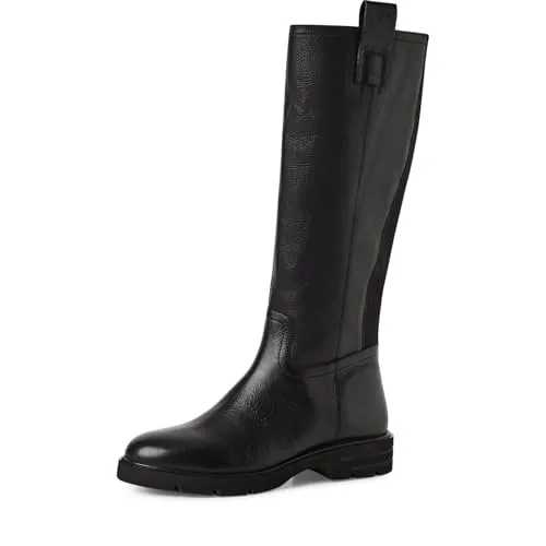 Tamaris Damen Stiefel aus Leder in Schwarz, Größe 39 - Stylische Long Boots mit hohem Schaft und praktischer Schlaufe. Der Blockabsatz mit Plateau sorgt für Komfort. Ideal für Herbstspaziergänge und Winterurlaub – einfach anziehen dank Reißverschluss.