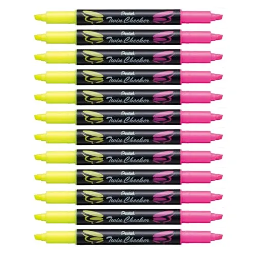 Pentel SLW8-GP Textmarker Twin Checker, zweifarbig, 12 Stück, gelb-rosa